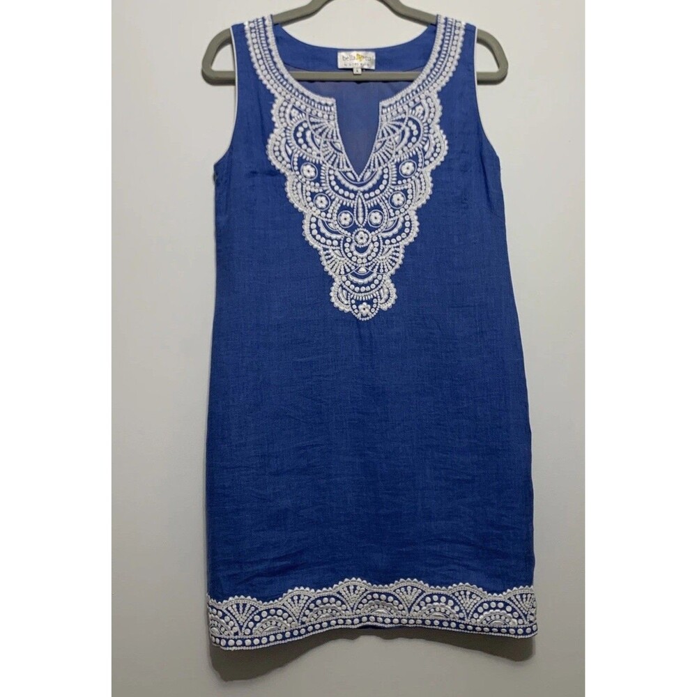 Bella Tu by Gopi Vaid 100% Linen Tunic Dress Coastal Embroidered Size 4 Blue